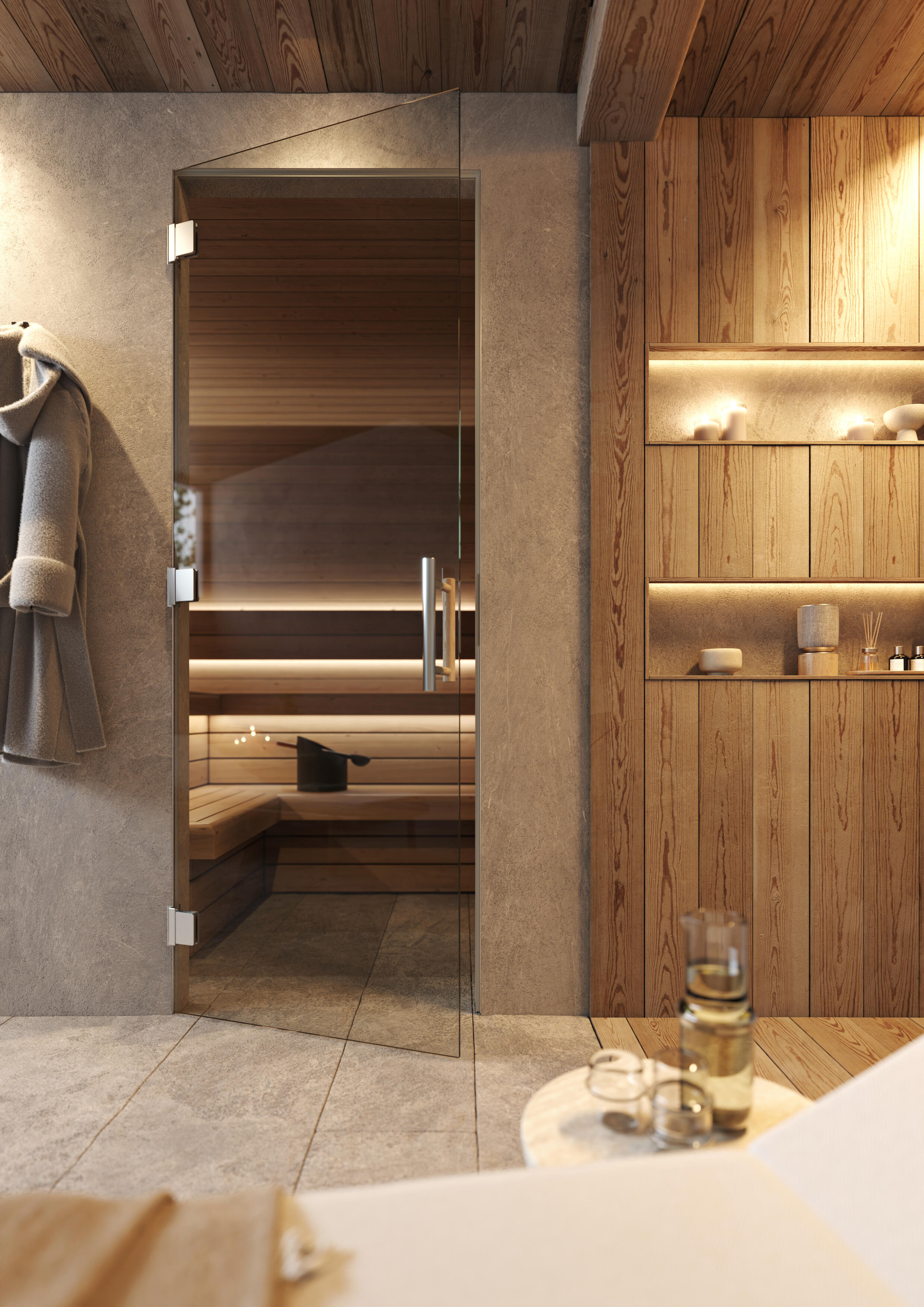 Zárubeň Aktive Glass se skleněnými dveřmi zabudovaná v sauně